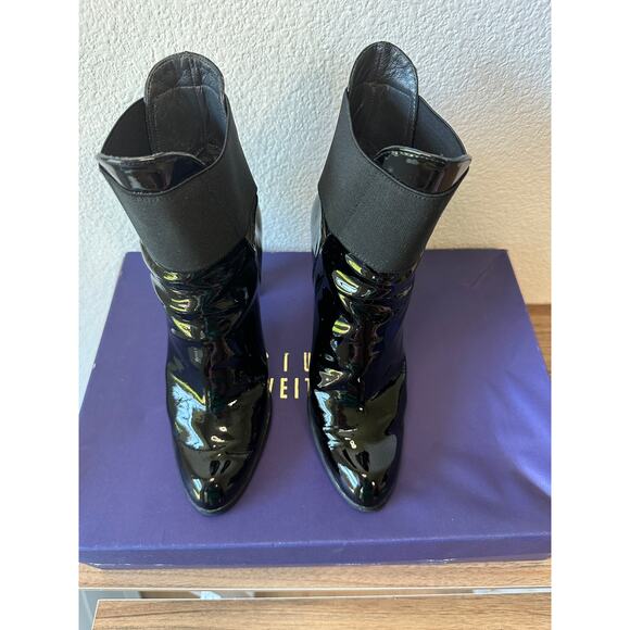 Stuart Weitzman News Black Patent Booties Heels Size 7 with Box - Picture 2 of 3